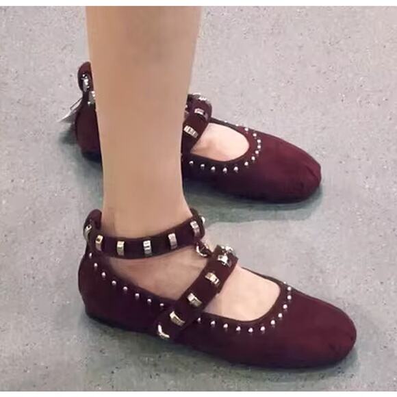 ZARA Leather Studded Ballet Flats NWT | Burgundy Suede Buckle Strap 7.5–8 - Picture 3 of 16